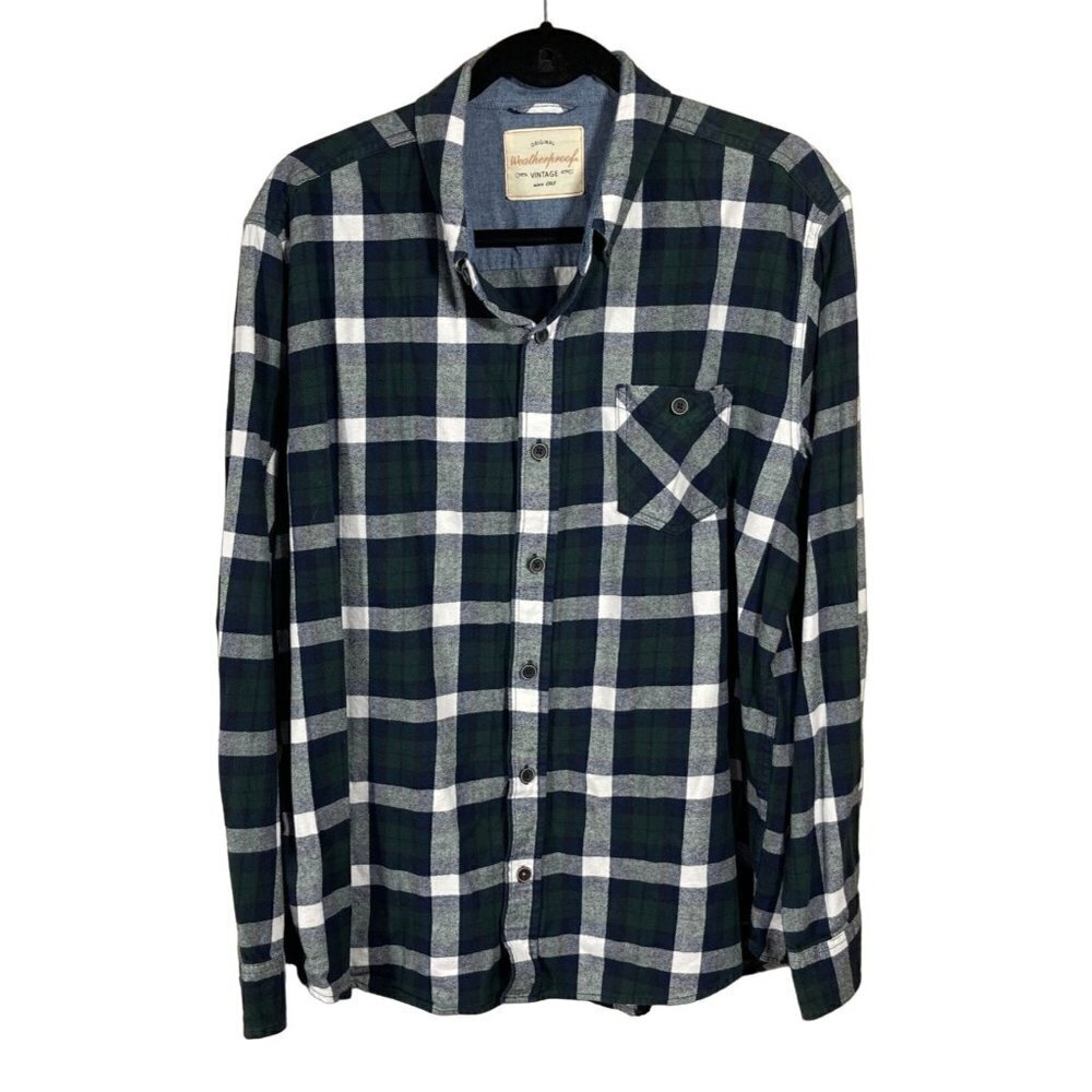 Weatherproof Men's Long Sleeve Flannel Shirt Blue Green Plaid Size XL Extra Larg